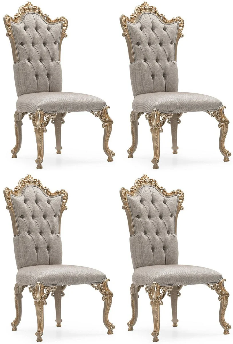 Luxus Barock Esszimmer Stuhl 4er Set Silber / Grau / Gold - Prunkvolle Barockstil Küchen Stühle - Luxus Esszimmer Möbel im Barockstil - Barock Esszimmer Möbel - Barockstil Möbel