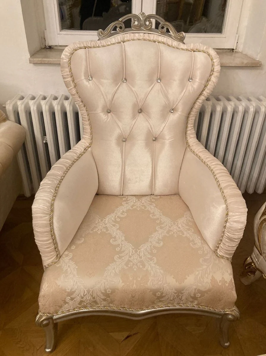 Luxus Barock Sessel Rosa / Silber - Prunkvoller Wohnzimmer Sessel mit Glitzersteinen - Luxus Wohnzimmer Möbel im Barockstil - Barock Möbel - Barock Einrichtung - Edel & Prunkvoll