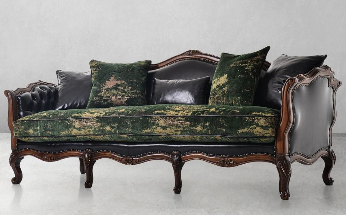 Luxus Barock Leder Sofa Schwarz / Grün / Braun - Prunkvolles Wohnzimmer Sofa mit hochwertigem Echtleder - Luxus Wohnzimmer Möbel im Barockstil - Barock Möbel - Edel & Prunkvoll