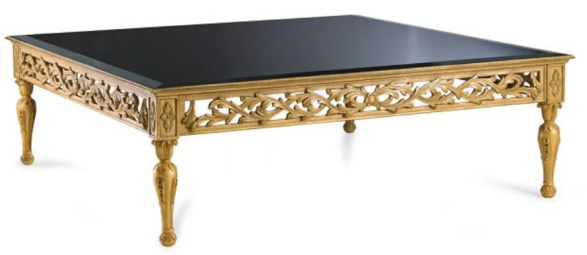 Luxus Barock Couchtisch mit Glasplatte Antik Gold / Schwarz - Quadratischer Wohnzimmertisch im Barockstil - Barock Möbel - Edel & Prunkvoll - Luxus Qualität - Made in Italy