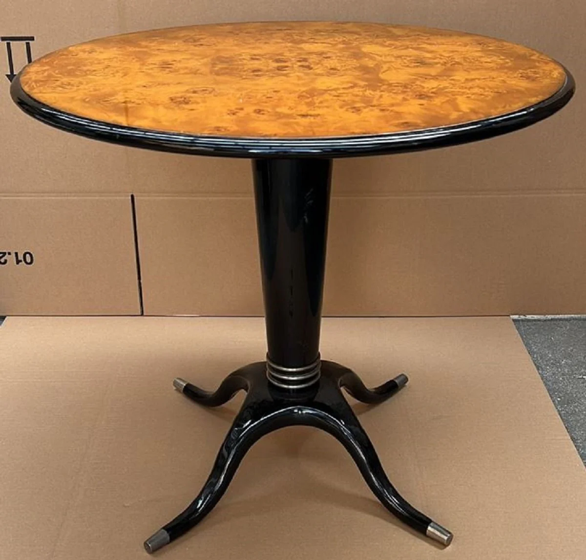 Luxus Esstisch Vogelaugenahorn Braun / Schwarz / Silber Ø 79 x H. 71 cm - Runder Massivholz Esszimmertisch - Esszimmer Möbel - Luxus Möbel