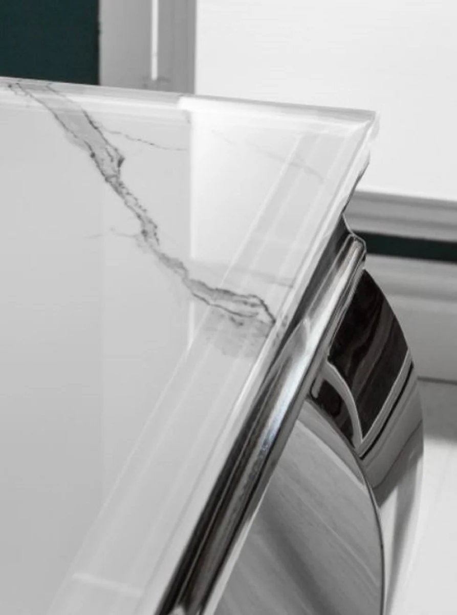 Designer Esstisch Weiß / Grau / Silber 200 x 105 x H. 75 cm - Rechteckiger Edelstahl Küchentisch mit digitalbedrucktem Sicherheitsglas in Marmoroptik - Moderne Barock Möbel