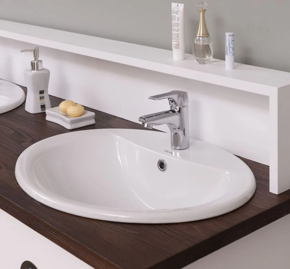 Landhausstil Doppelwaschtisch Weiß / Dunkelbraun 147 x 51 x H. 110 cm - Massivholz Waschbeckenschrank - Badezimmer Möbel im Landhausstil