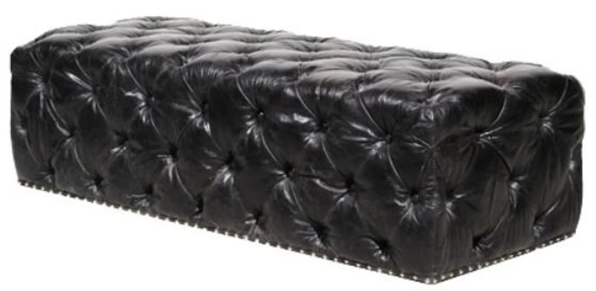 Chesterfield Echtleder Fußhocker Vintage Schwarz 140 x 60 x H. 42 cm - Luxus Qualität