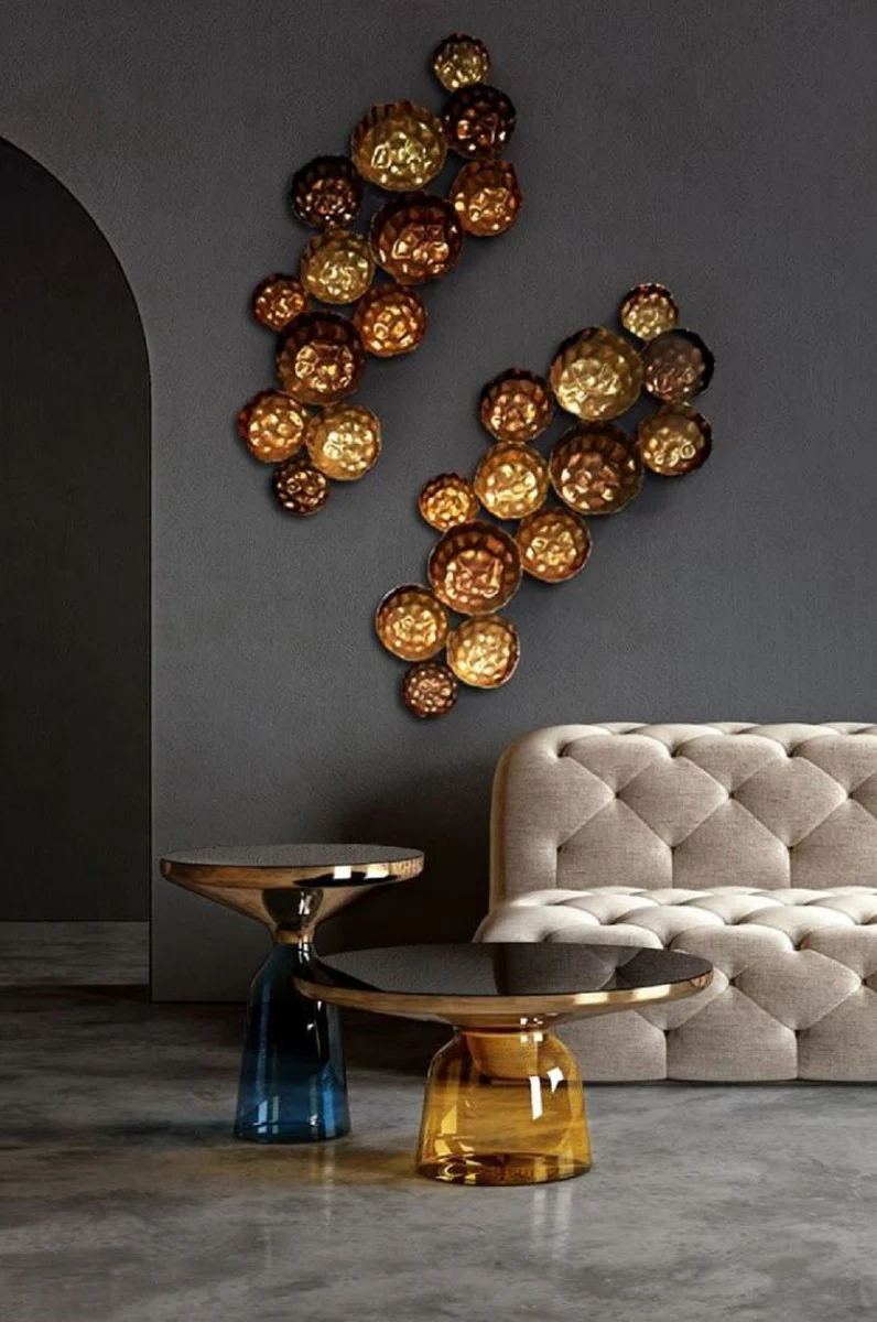 Luxus Couchtisch Schwarz / Gold / Gelb Ø 75 x H. 37 cm - Runder Glas Wohnzimmertisch - Wohnzimmer Möbel - Luxus Möbel