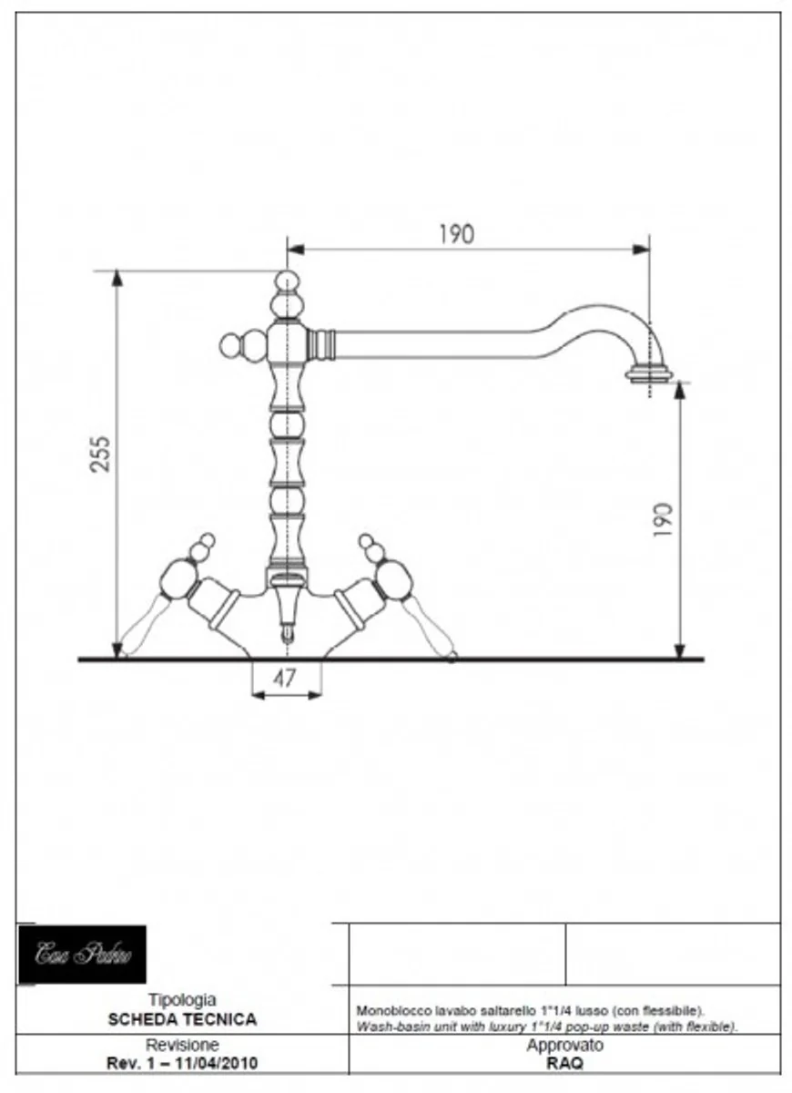 Luxus Bad Zubehör - Jugendstil Retro Waschtisch Armatur Einlochbatterie Altgold / Bronze Serie Milano - Made in Italy
