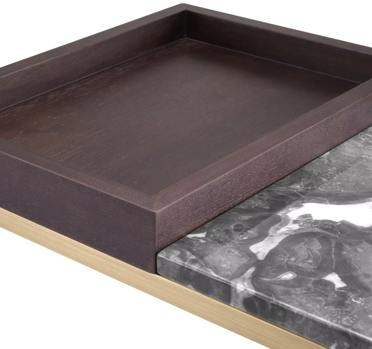 Luxus Beistelltisch Messing / Braun / Grau 70 x 40 x H. 35 cm - Rechteckiger Messing Tisch mit Walnuss Furnier und Marmorplatte - Wohnzimmer Möbel - Luxus Möbel - Luxus Einrichtung