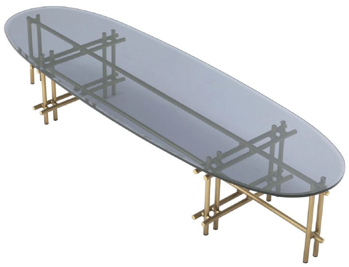 Luxus Couchtisch Messingfarben / Grau 159 x 50 x H. 30 cm - Edelstahl Wohnzimmertisch mit Glasplatte - Wohnzimmer Möbel - Luxus Qualität