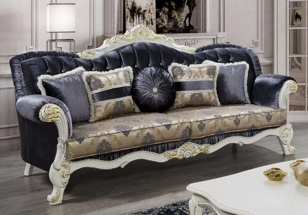 Luxus Barock Sofa Lila / Mehrfarbig / Weiß / Gold - Prunkvolles Massivholz Wohnzimmer Couch mit Glitzersteinen und elegantem Muster - Barock Wohnzimmer Möbel