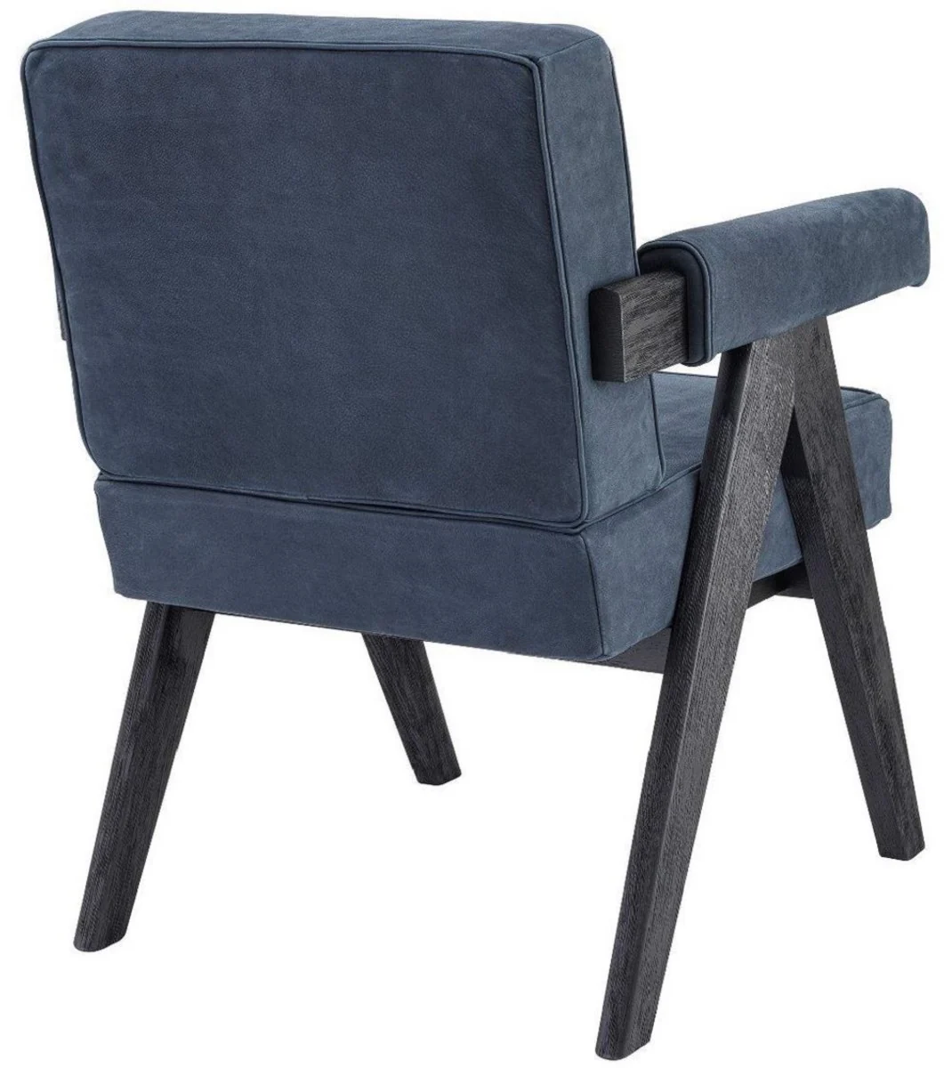 Luxus Echtleder Esszimmerstuhl mit Armlehnen Blau / Schwarz 64 x 70 x H. 87,5 cm - Küchenstuhl mit edlem Nubuk Büffelleder - Luxus Esszimmer Möbel