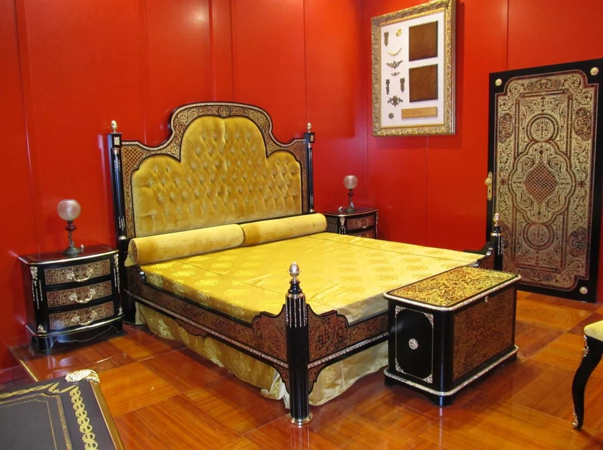 Luxus Barock Boulle Doppelbett Schwarz / Rot / Gold / Silber 211 x 215 x H. 180 cm - Prunkvolles Massivholz Bett - Schlafzimmer Möbel - Hotel Möbel - Luxus Qualität - Made in Italy