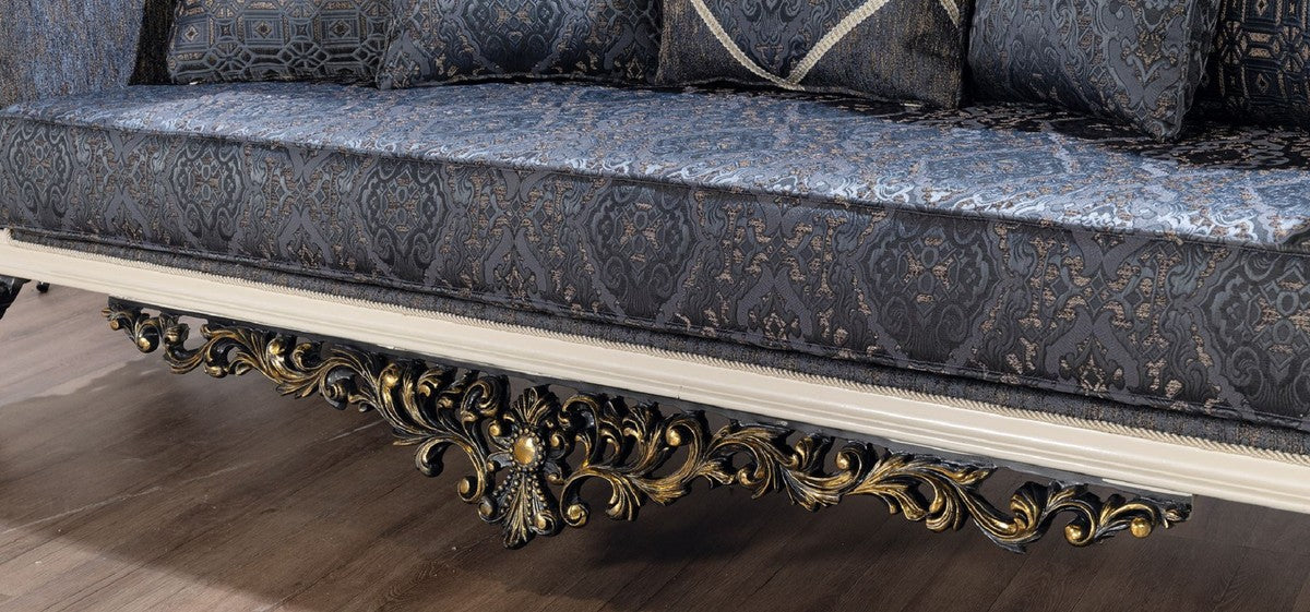 Luxus Barock Sofa Blau / Weiß / Schwarz / Gold - Handgefertigtes Wohnzimmer Sofa mit elegantem Muster - Luxus Wohnzimmer Möbel im Barockstil - Prunkvolle Barock Möbel