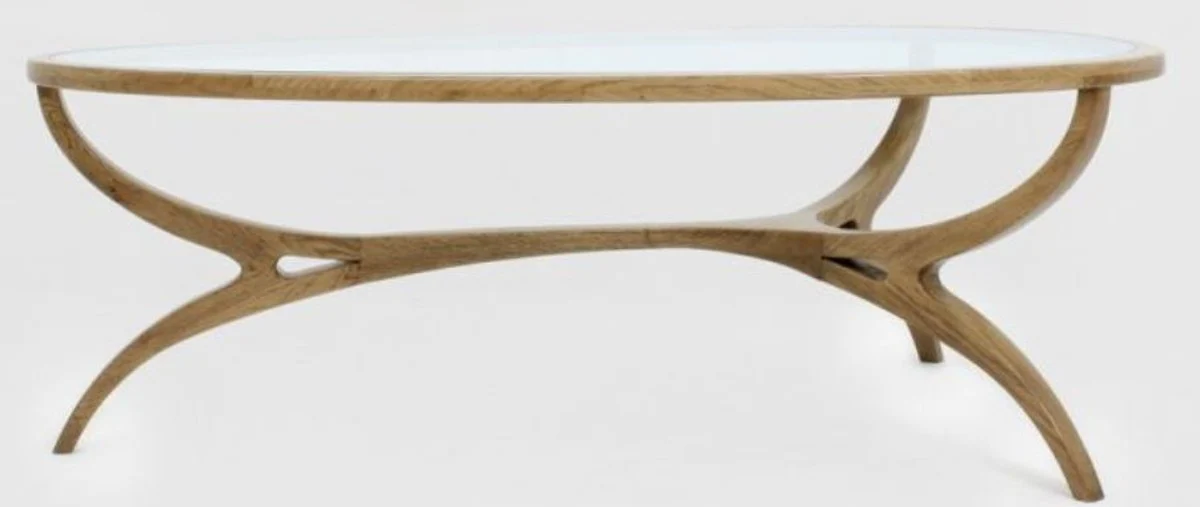 Luxus Art Deco Couchtisch Hellbraun 130 x 88 x H. 46 cm - Edler Massivholz Wohnzimmertisch mit Glasplatte - Wohnzimmer Möbel