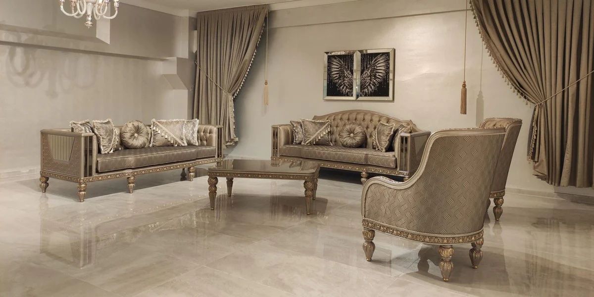 Luxus Barock Sofa Gold / Grau / Gold - Prunkvolles Wohnzimmer Sofa - Barockstil Wohnzimmer Möbel - Barock Einrichtung - Luxus Möbel im Barockstil - Edel & Prunkvoll