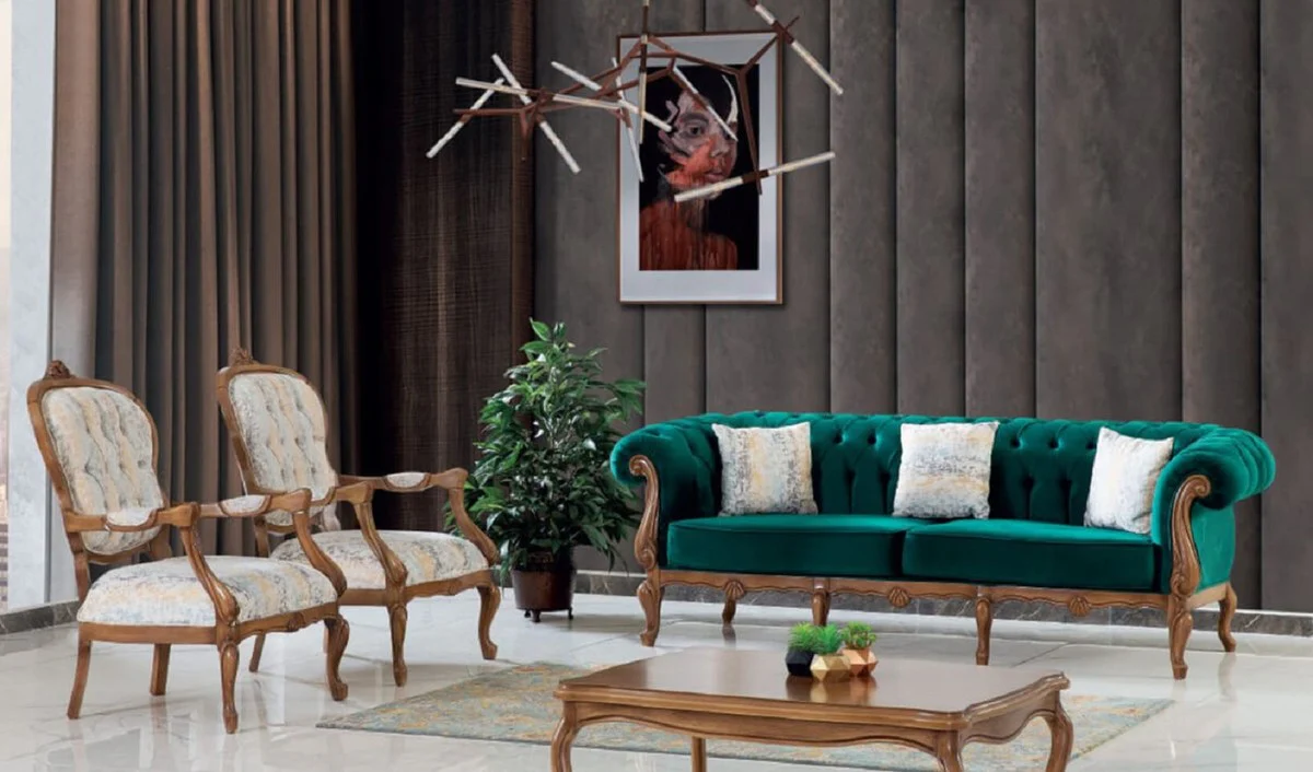 Luxus Barock Chesterfield Sofa Grün / Braun - Prunkvolles Wohnzimmer Sofa im Barockstil - Barock Wohnzimmer Möbel