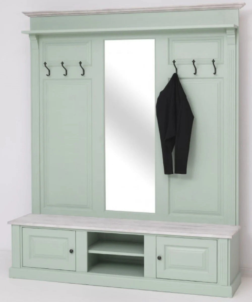 Landhausstil Garderobe Mintgrün / Grau 180 x 41 x H. 210 cm - Massivholz Garderobenschrank mit Spiegel - Massivholz Garderobenmöbel - Landhausstil Garderobenmöbel