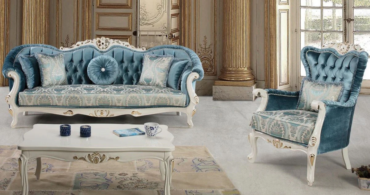 Luxus Barock Wohnzimmer Set Blau / Weiß / Gold - 2 Sofas & 2 Sessel & 1 Couchtisch - Prunkvolle Wohnzimmer Möbel im Barockstil
