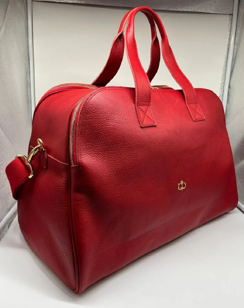 Luxus Echtleder Reisetasche Rot / Gold 50 cm - Made in Italy