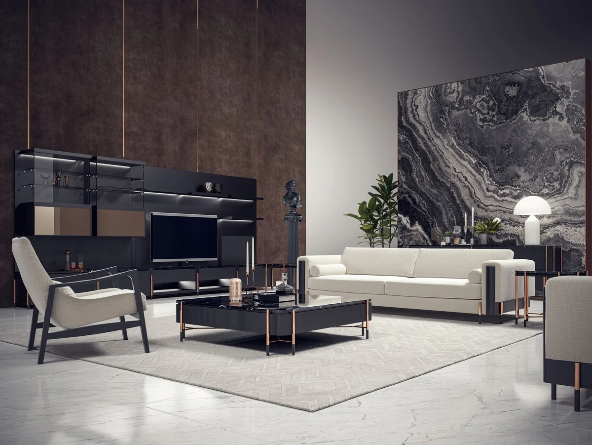 Luxus Couchtisch Schwarz / Matt Schwarz / Kupfer 124 x 124 x H. 35 cm - Quadratischer Wohnzimmertisch mit Marmorplatte - Wohnzimmer Möbel - Hotel Möbel - Luxus Möbel