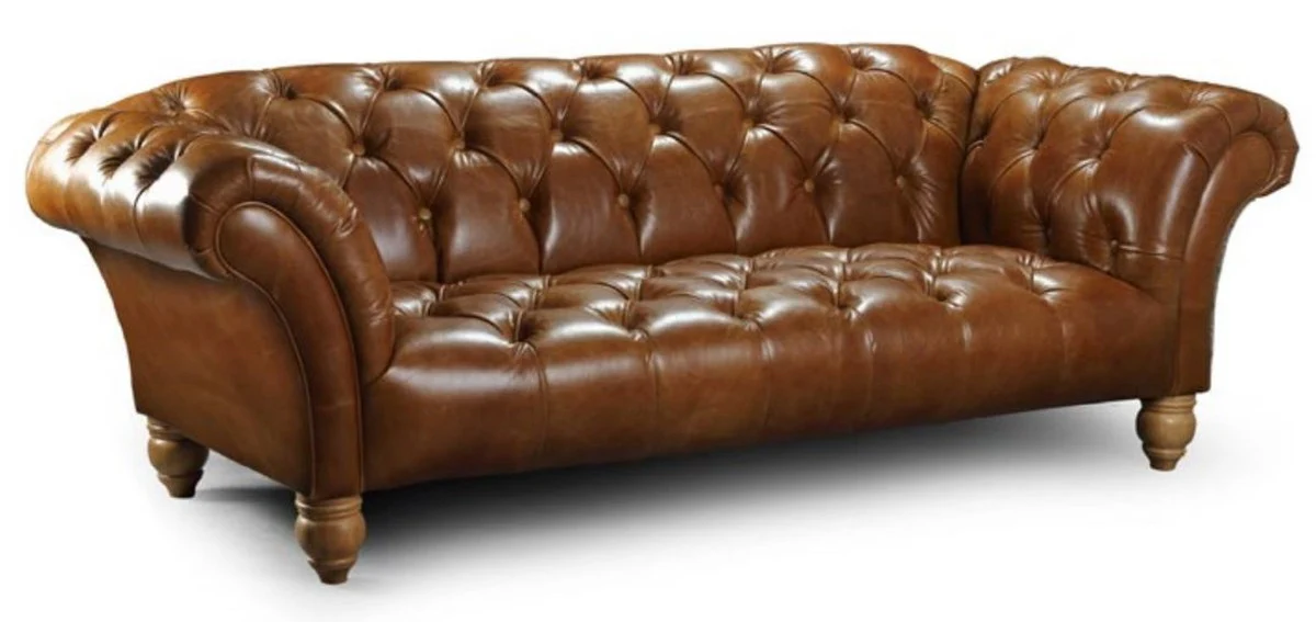 Luxus Chesterfield Leder 3er Sofa Braun 225 x 110 x H. 77 cm - Echtleder Wohnzimmer Sofa - Chesterfield Wohnzimmer Möbel