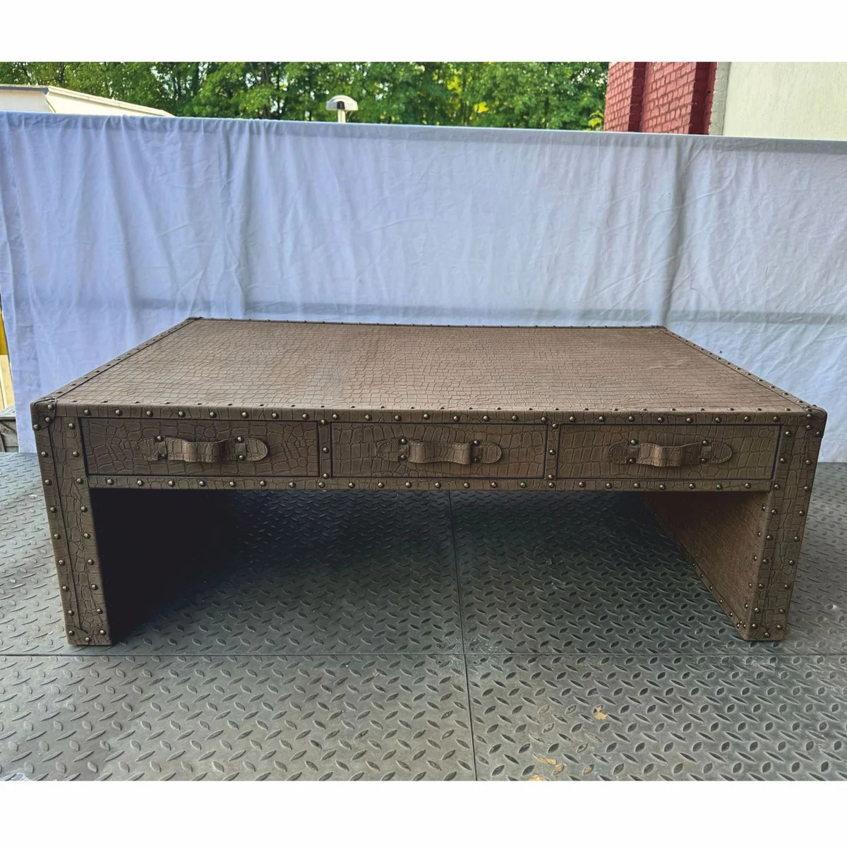 Luxus Leder Couchtisch in Koffer Optik Braun 132 cm - Wohnzimmer Möbel