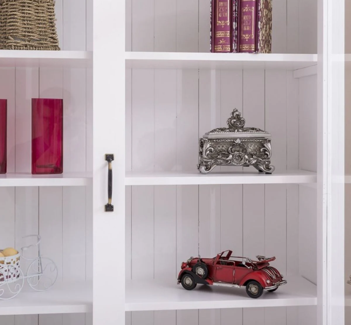 Landhausstil Massivholz Schrank mit 4 Türen Weiß 64 x 39 x H. 210 cm - Regalschrank - Wohnzimmerschrank - Vitrinenschrank - Landhausstil Möbel