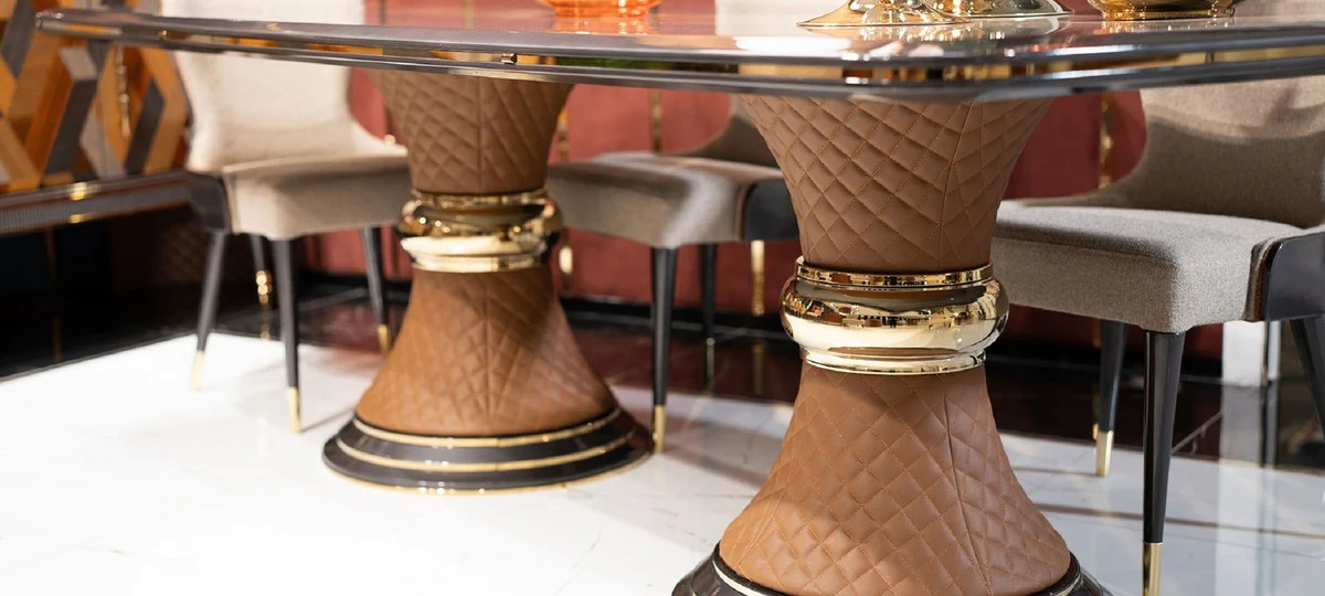 Luxus Art Deco Esszimmer Set Creme / Grau / Mehrfarbig / Braun / Gold - 1 Luxus Art Deco Esstisch & 6 Luxus Art Deco Esszimmerstühle - Luxus Art Deco Esszimmer Möbel