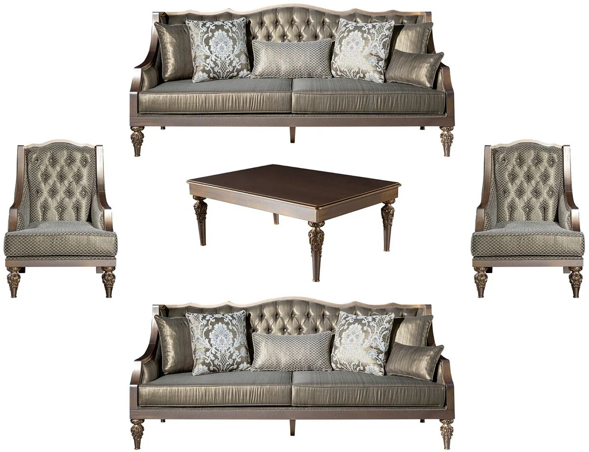 Luxus Barock Wohnzimmer Set Grün / Silber / Kupfer / Gold - 2 Sofas & 2 Sessel & 1 Couchtisch - Wohnzimmer Möbel im Barockstil - Edel & Prunkvoll