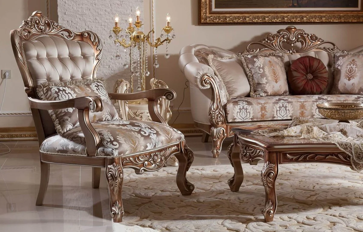 Luxus Barock Wohnzimmer Set Grau / Kupfer / Silber - 2 Barock Sofas & 2 Barock Sessel & 1 Barock Couchtisch - Luxus Wohnzimmer Möbel im Barockstil - Barock Möbel - Barock Einrichtung