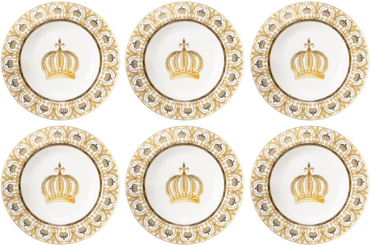 Harald Glööckler Pompöös Porzellan Suppenteller Set mit Krone Weiß / Gold Ø 22,3 x H. 3,7 cm - designed by Harald Glööckler