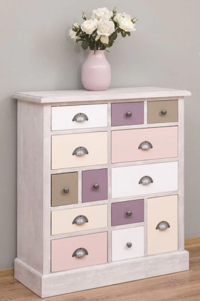 Landhausstil Kommode Hellgrau / Mehrfarbig 90 x 35 x H. 97 cm - Massivholz Schrank mit 13 Schubladen - Landhausstil Möbel