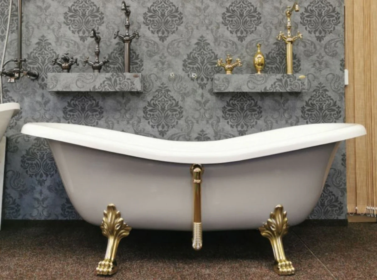 Luxus Jugendstil Badewanne Weiß / Platingrau / Gold 188 x 83 x H. 69 cm - Freistehende Retro Badewanne mit Löwenfüßen - Retro Badezimmer Möbel