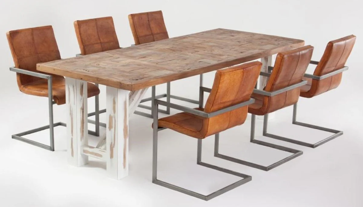 Landhausstil Esstisch Naturfarben / Weiß - Verschiedene Größen - Rechteckiger Rustikaler Massivholz Küchentisch - Rustikale Esszimmer Möbel - Landhausstil Esszimmer Möbel