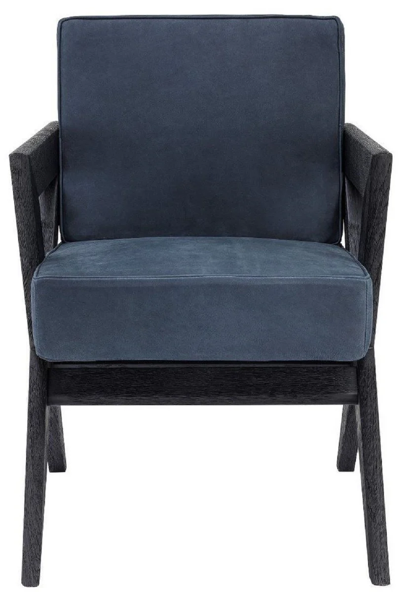 Luxus Echtleder Esszimmerstuhl mit Armlehnen Blau / Schwarz 59 x 74 x H. 88 cm - Küchenstuhl mit edlem Nubuk Büffelleder - Luxus Esszimmer Möbel