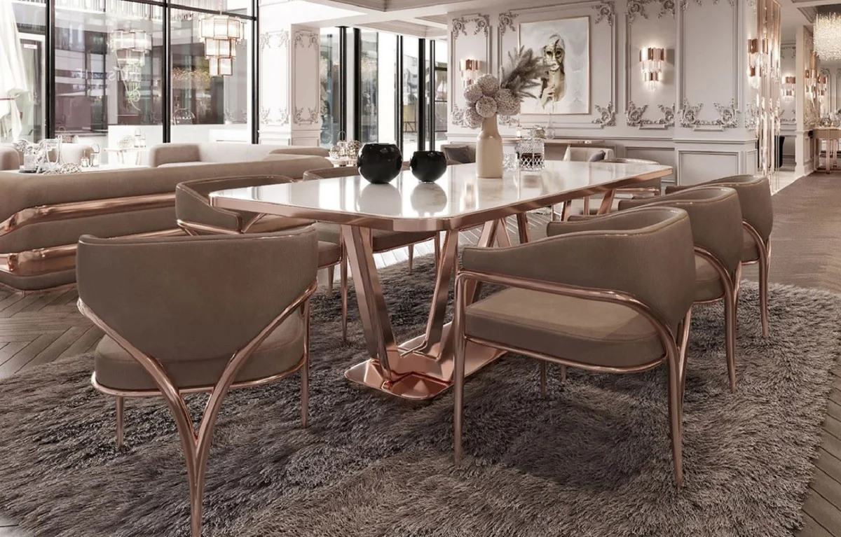 Luxus Esszimmer Stuhl Set mit Armlehnen Grau / Kupfer 60 x 59,8 x H. 80 cm - Küchen Stühle 8er Set - Esszimmer Möbel - Restaurant Möbel - Luxus Möbel - Luxus Einrichtung