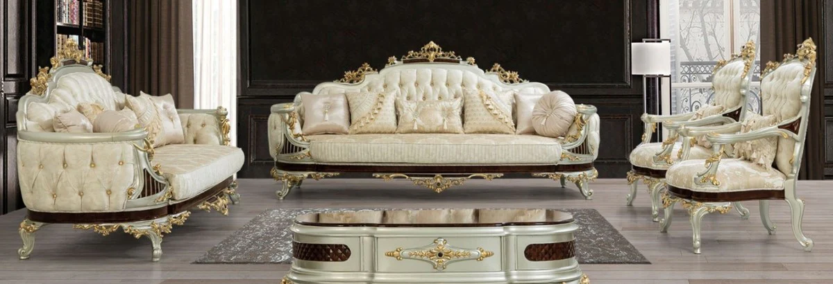 Luxus Barock Wohnzimmer Set Creme / Beige / Dunkelbraun / Silber / Gold - 2 Sofas & 2 Sessel & 1 Couchtisch - Wohnzimmermöbel im Barockstil - Edel & Prunkvoll