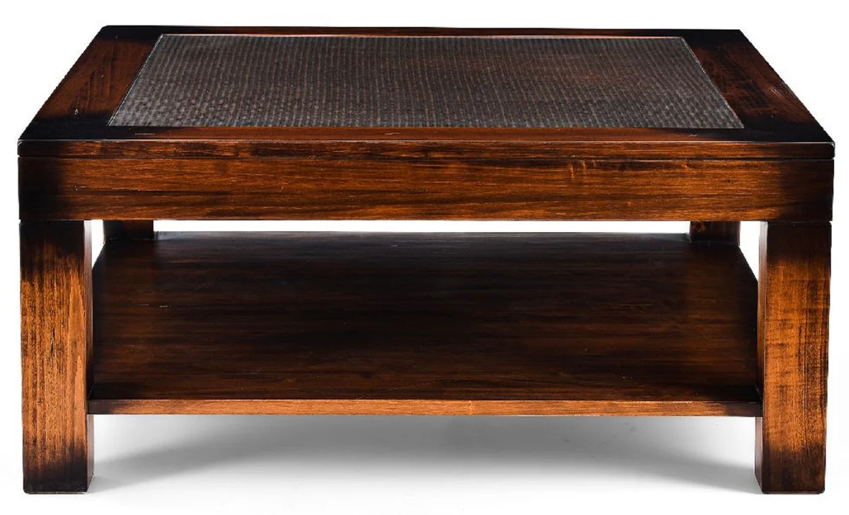 Luxus Vintage Stil Couchtisch Braun 100 x 100 x H. 45,5 cm - Quadratischer Massivholz Wohnzimmertisch mit Glasplatte - Vintage Stil Wohnzimmer Möbel - Luxus Möbel