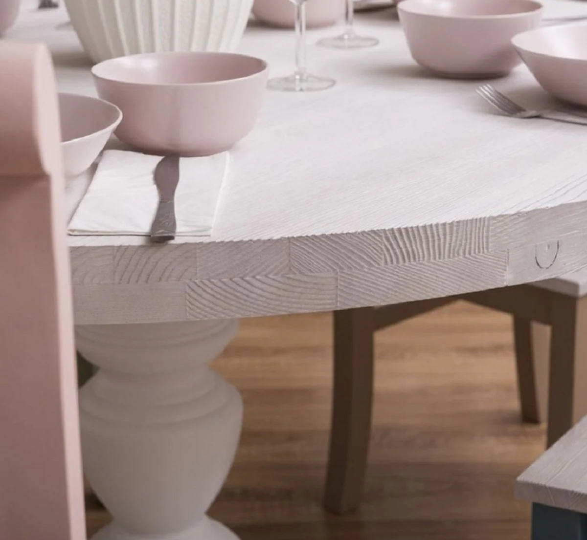 Landhausstil Esszimmer Möbel Set Hellgrau / Bunt - 1 Esstisch & 5 Esszimmerstühle - Massivholz Esszimmer Möbel - Landhausstil Möbel