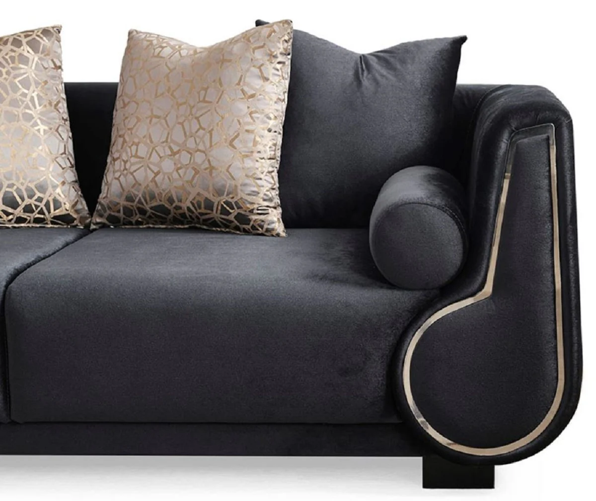 Luxus 3er Sofa Schwarz / Silber - Elegantes Wohnzimmer Sofa - Luxus Wohnzimmer Möbel - Luxus Kollektion