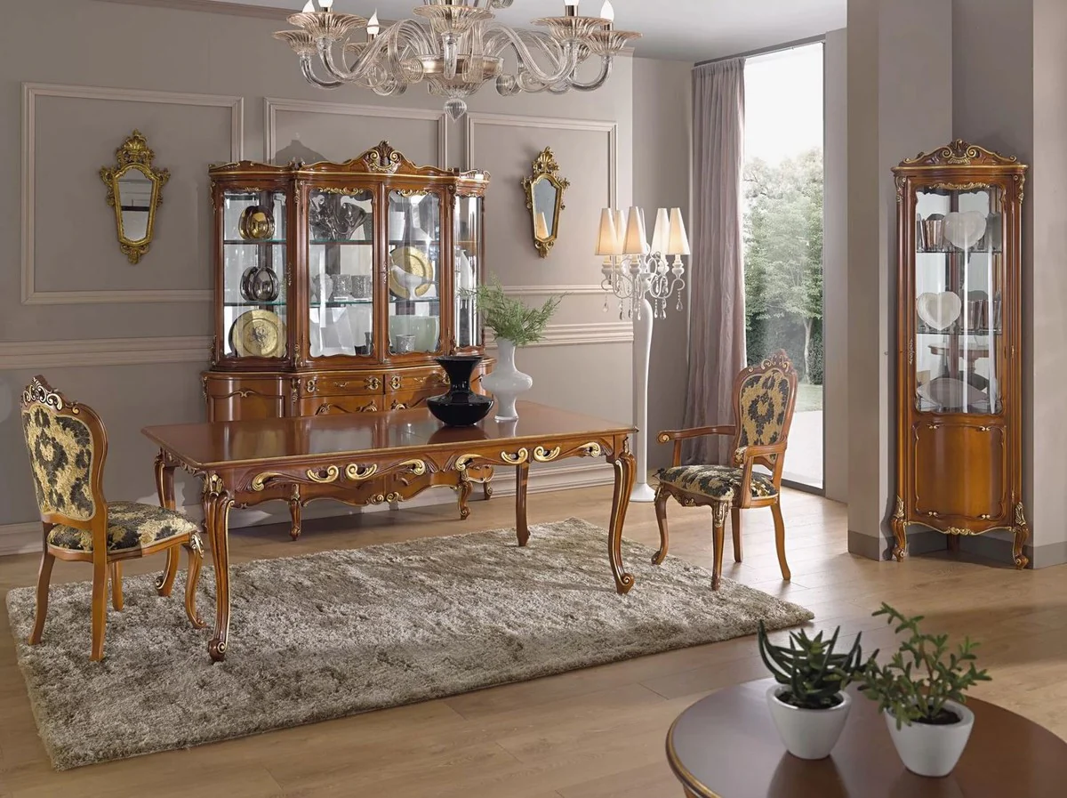 Luxus Barock Vitrine Braun / Gold - Handgefertigter Vitrinenschrank mit 8 Türen und 2 Schubladen - Prunkvolle Barock Möbel - Luxus Qualität - Made in Italy