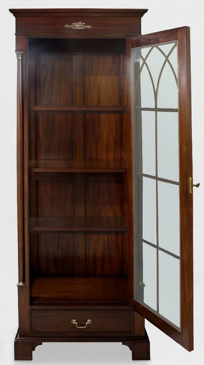 Luxus Vitrine Dunkelbraun 70 x 45 x H. 192 cm - Mahagoni Vitrinenschrank mit Glastür und Schublade - Luxus Mahagoni Wohnzimmer Möbel
