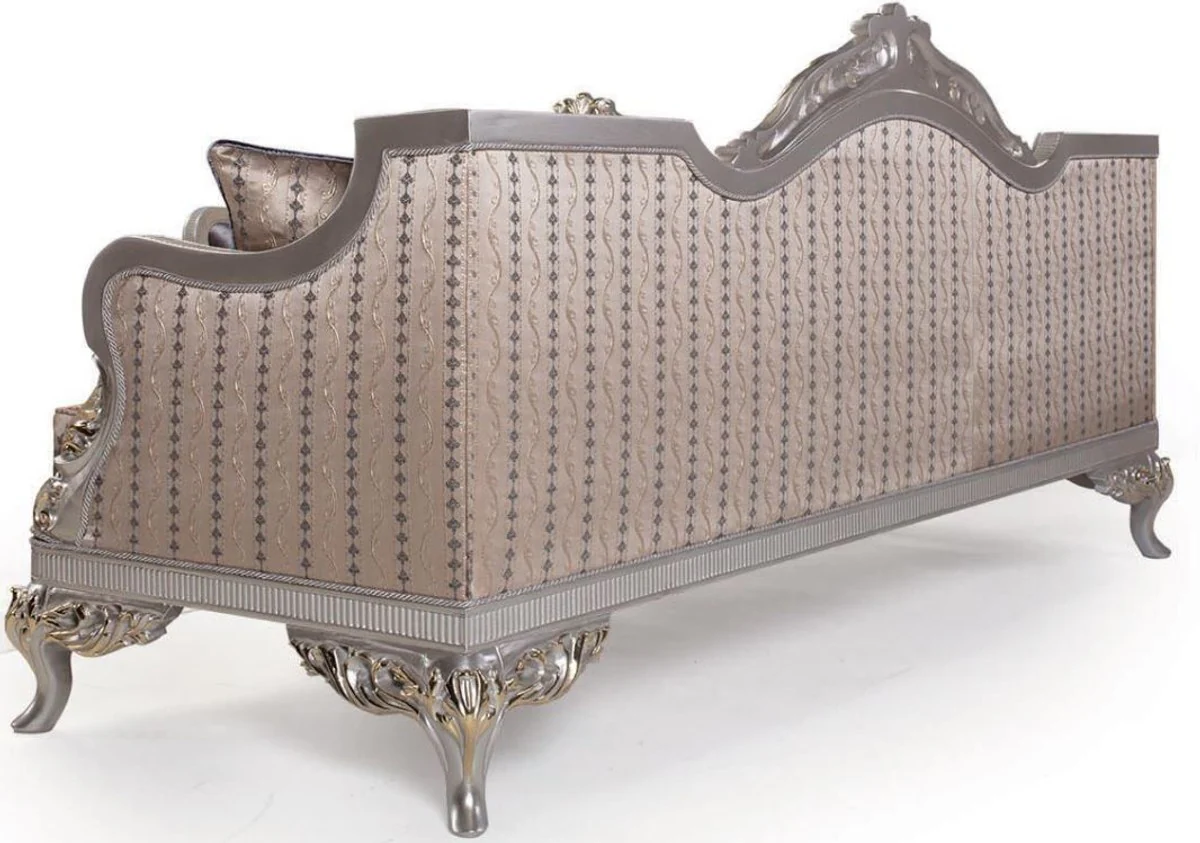 Luxus Barock Wohnzimmer Sofa mit Kissen Lila / Beige / Silber / Gold 228 x 93 x H. 108 cm - Barockmöbel