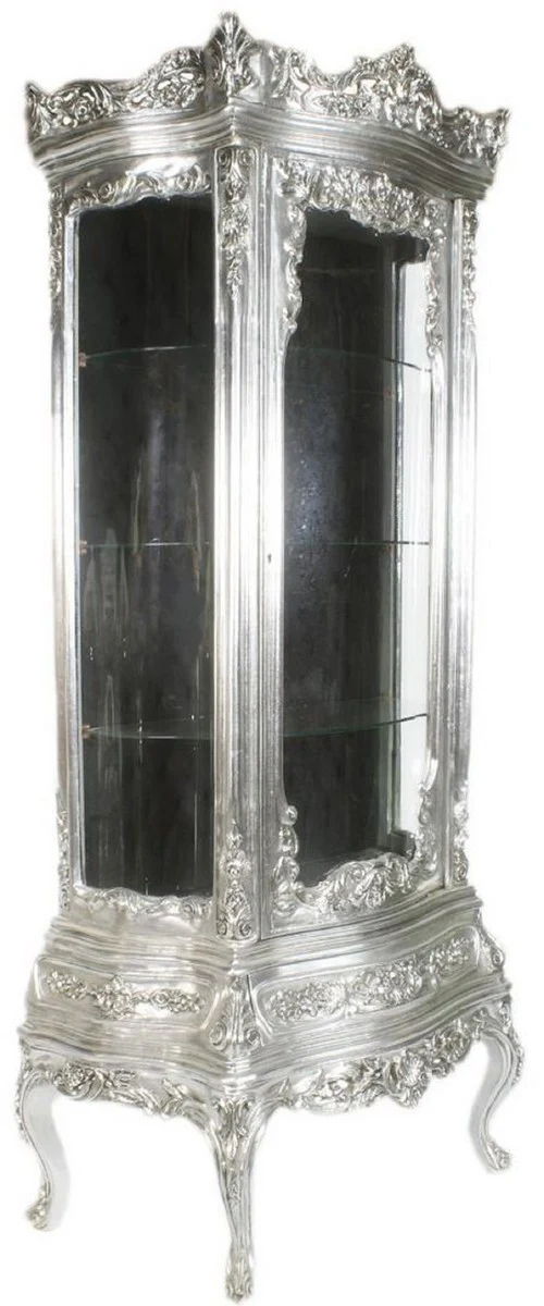 Barock Vitrine Silber / Schwarz 80 x 40 x H. 200 cm - Prunkvoller Barock Vitrinenschrank mit Glastür und wunderschönen Verzierungen - Barock Möbel