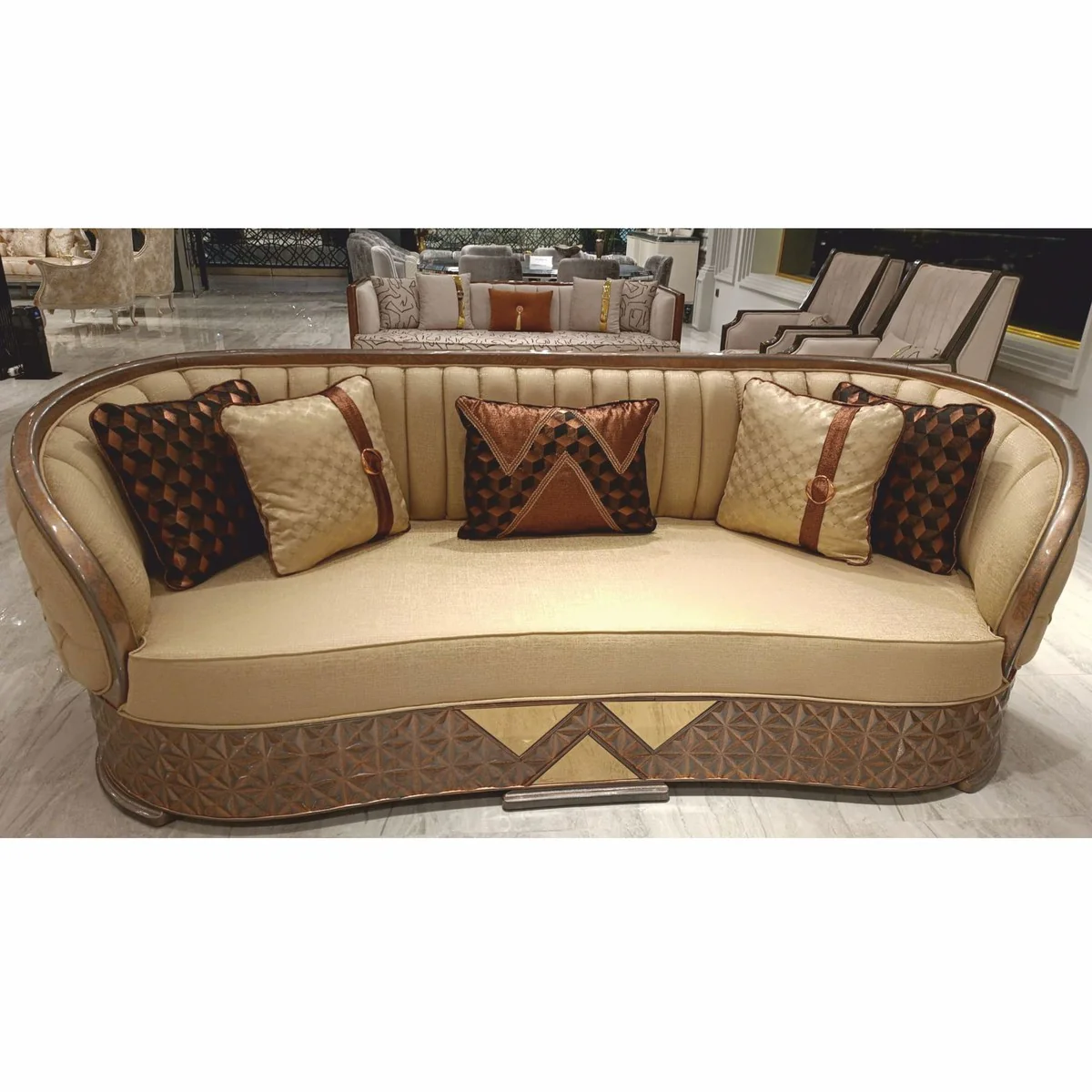 Luxus Art Deco Sofa Gold / Kupfer / Grau 240 cm - Wohnzimmer Möbel