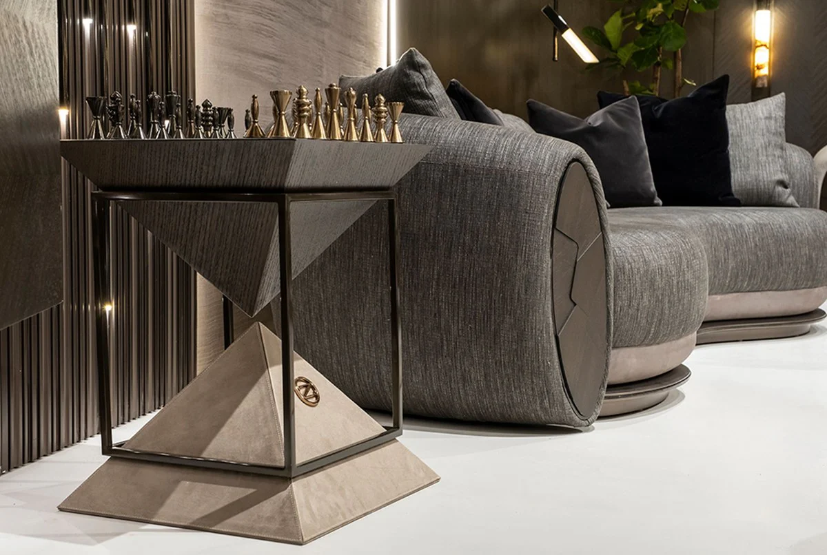 Luxus Schach Beistelltisch Dunkelbraun / Weiß / Beige / Bronze 50 x 50 x H. 70 cm - Wohnzimmer Beistelltisch - Hotel Tisch - Wohnzimmer Möbel - Hotel Möbel - Luxus Qualität