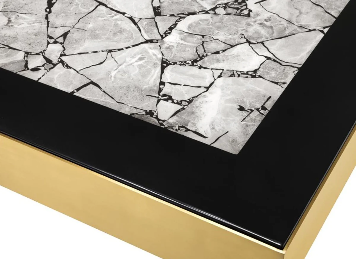 Luxus Edelstahl Couchtisch mit Kunstmarmorplatte Messingfarben / Hochglanzschwarz / Grau 100 x 100 x H. 38 cm - Designer Wohnzimmermöbel