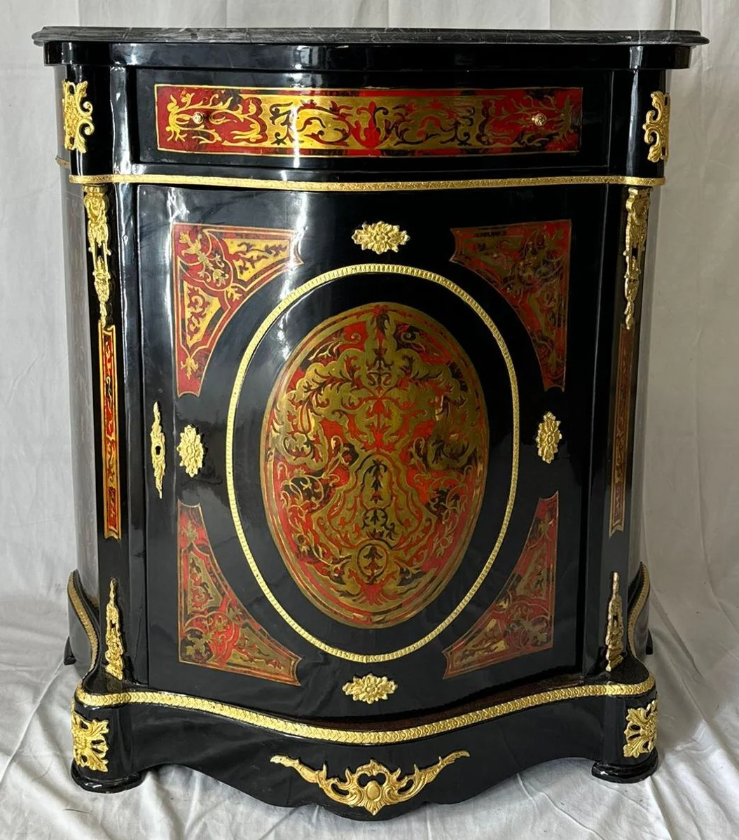 Barock Boulle Kommode mit Marmorplatte Schwarz / Rot / Gold - Barock Möbel