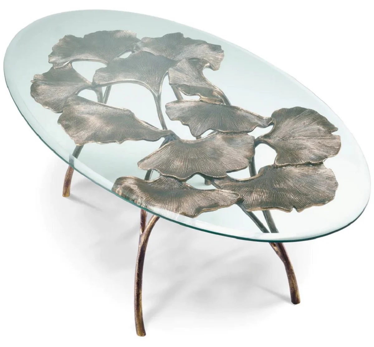 Luxus Couchtisch Vintage Messing 130 x 70 x H. 46 cm - Ovaler Aluminium Wohnzimmertisch mit Glasplatte - Luxus Möbel - Wohnzimmer Möbel - Luxus Einrichtung