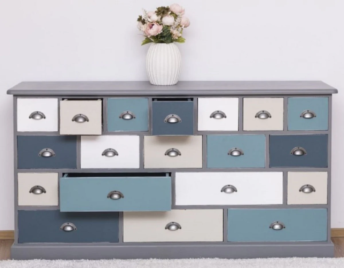 Landhausstil Kommode Grau / Mehrfarbig 180 x 48 x H. 95 cm - Massivholz Schrank mit 19 Schubladen - Landhausstil Möbel - Möbel im Landhausstil - Landhausstil Einrichtung