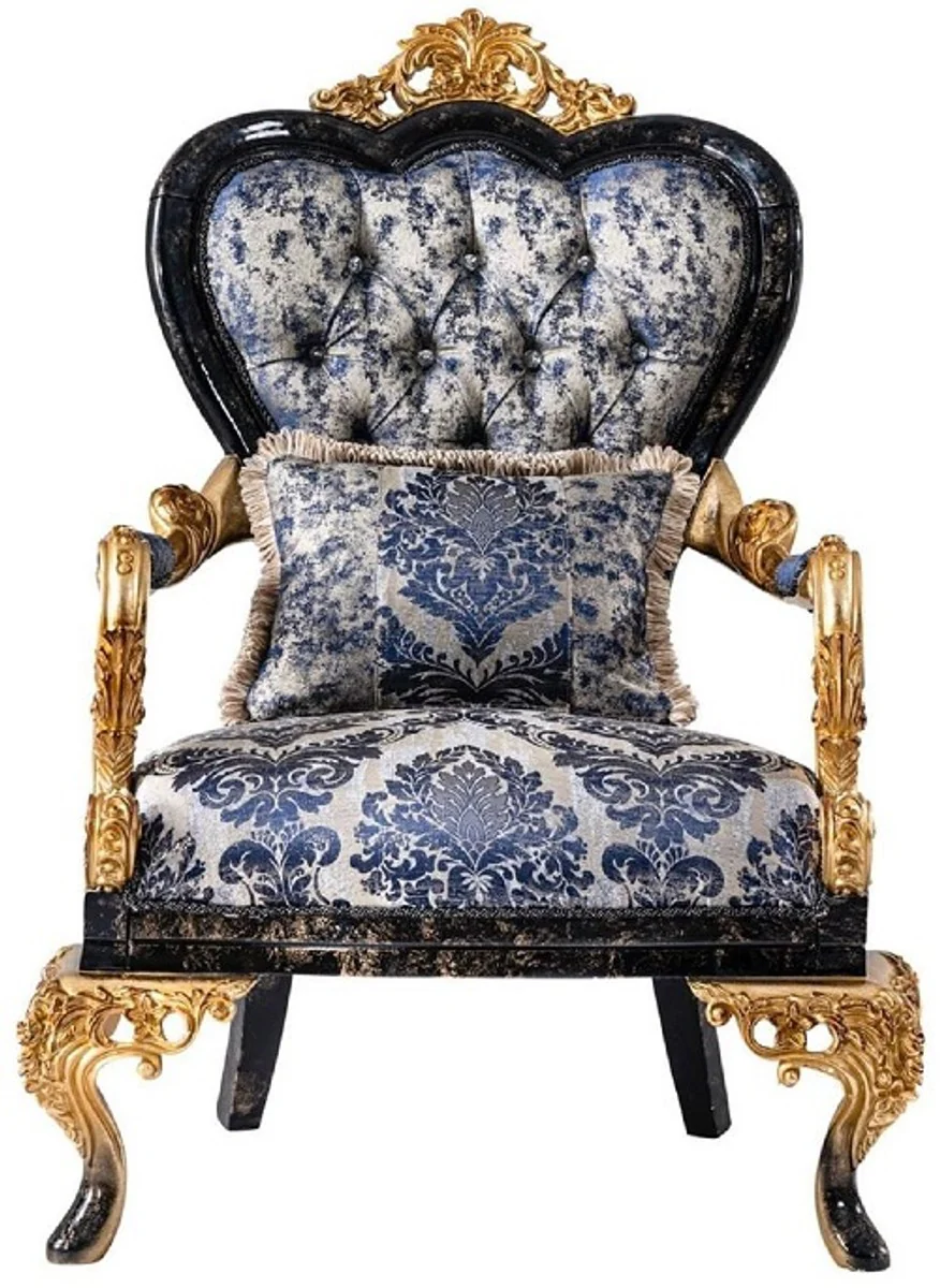 Luxus Barock Wohnzimmer Set Blau / Schwarz / Gold - 2 Barock Sofas & 2 Barock Sessel & 1 Barock Couchtisch - Luxus Wohnzimmer Möbel im Barockstil - Barock Möbel - Edel & Prunkvoll